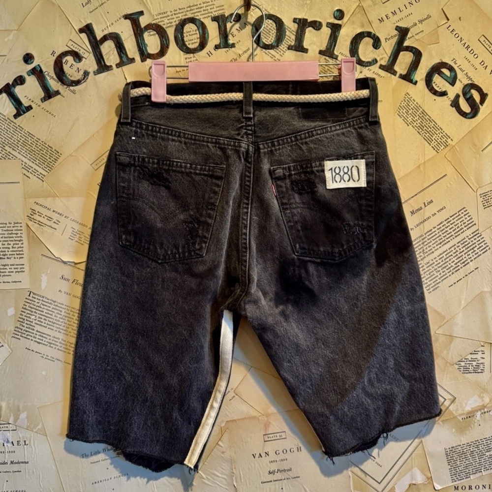 Free People Riley Racing Jorts Short Denim Distressed Patchs RacingStripe Black - Picture 6 of 6